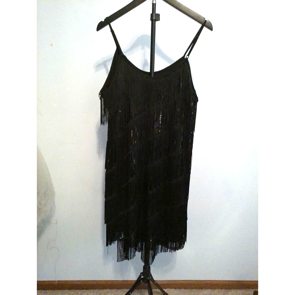 Vintage 1920s Style Black Tiered Fringe Flapper Dress Spaghetti Strap Cocktail